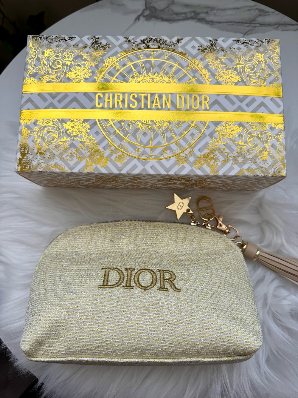 Dior Metallic Gold Cosmetic Pouch with Tassel Charm